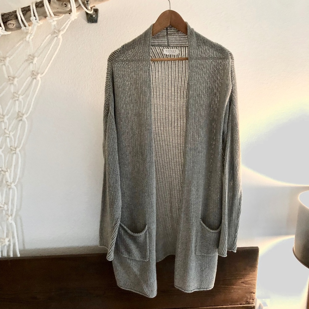 Long Loose Knit Open Cardigan with Side Slits